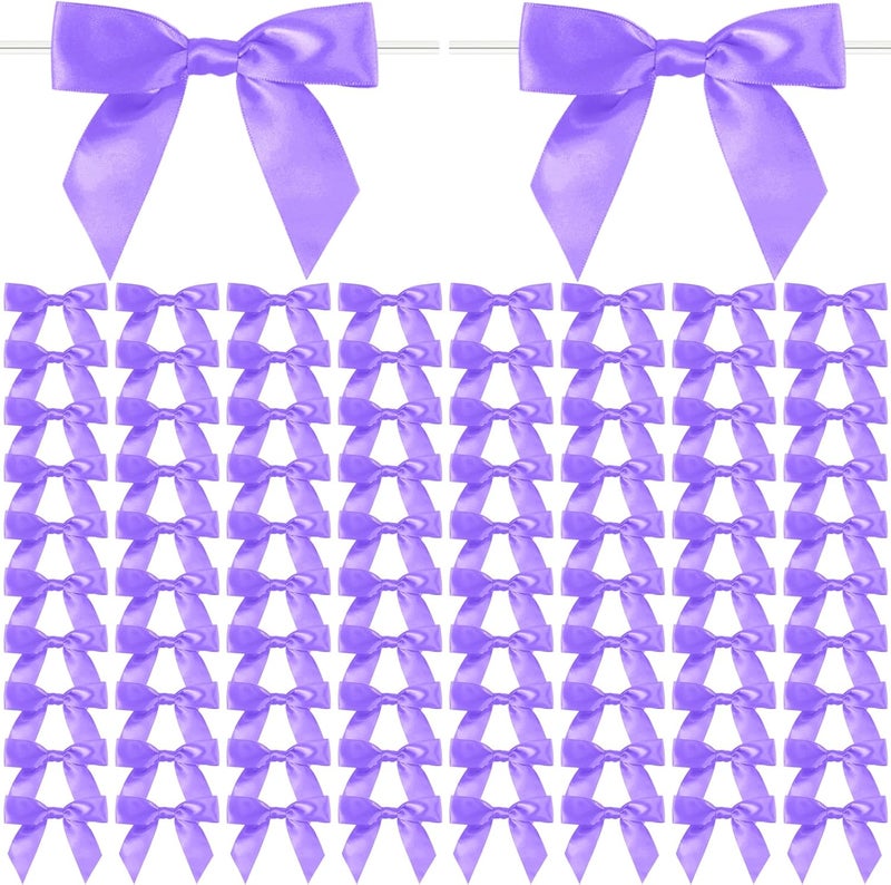 Adodotoe Purple Twist Tie Bows, 100 Pcs Satin Twist Tie Bows for Treat Bag Satin Ribbon Tie Bows for Tying Up Packages Present Bags Bakery Candy Bags Decorating Ribbon Bow Gift Wrap Bows - Image 1